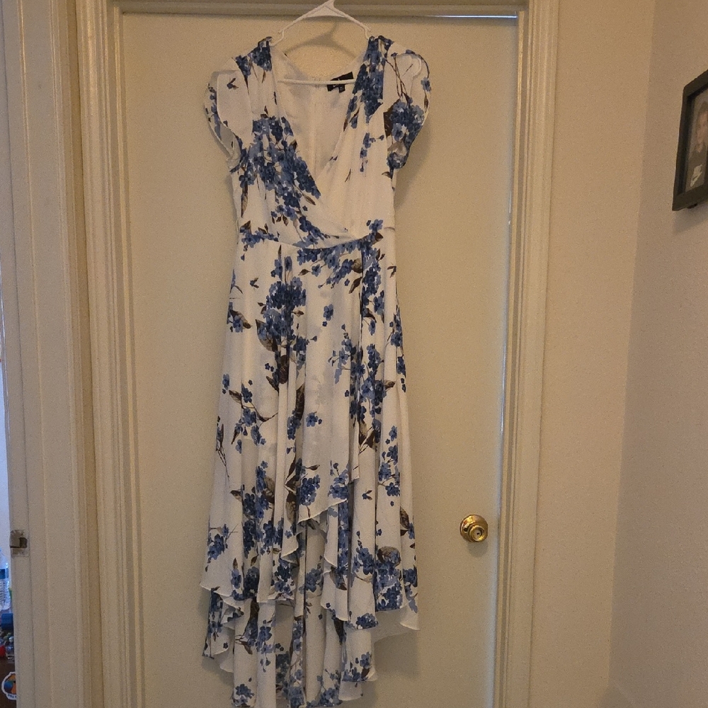 Lulu's White Floral Blue High-Low Wrap Dress